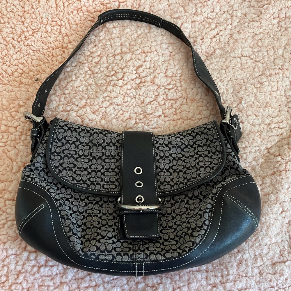 Coach shoulder bag, black, Signature Initial fabric and black leather.